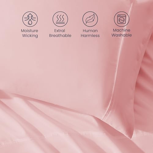 SLEEP ZONE Nanotex Super Soft Cooling Twin Bed Sheets Set for Kids 3 Piece - Easy Care Fitted Flat Sheet & Pillowcase Sets - Wrinkle Free, Fade Resistant, Deep Pocket 16" (Ballet Pink, Twin)