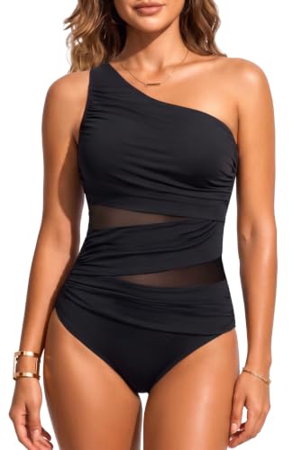Image of Womens One Shoulder One Piece Swimsuit Mesh Ruched Tummy Control Swimwear
