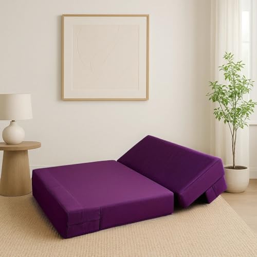 Image of PUM PUM 2-Seater Sofa Cum Bed | EPE Foam Foldable Couch with Velvet Fabric & Washable Cover | Convertible Sofa Bed for Home, Living Room & Office Guests | 3 x 6 Ft (Purple)