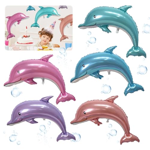 TZQFROCE Lot de 5 ballons en aluminium en forme de dauphin - Décoration d'anniversaire - Dauphin - Décoration à l'hélium - Animaux marins - Décoration...