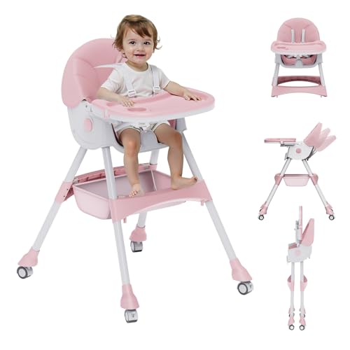 Image of High Chairs for Babies and Toddlers, 4 in 1 Convertible Baby High Chair, Portable High Chair for Travel with Adjustable Height and Back, Foldable HighChair with Wheels& Pu Cushion