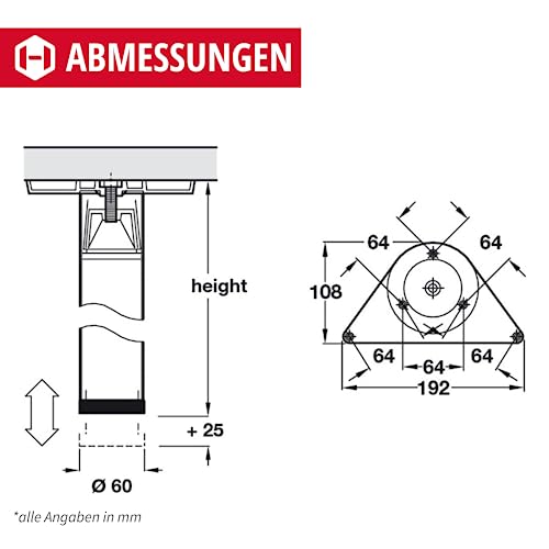 Gedotec Möbelfüße 4X Edelstahl Optik | Ø 60 mm | Tischfüße Höhenverstellbar Höhe 710 mm + 30 mm inkl. Befestigungsmaterial | Tischbeine Metall | Sockelfüße Bodenschoner aus Kunststoff | für Möbel