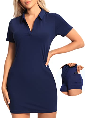 Hiverlay Golf Dresses for Women with Shorts and Pockets, V-Neck Short Sleeve Tennis Dress, Workout Athletic Dresses