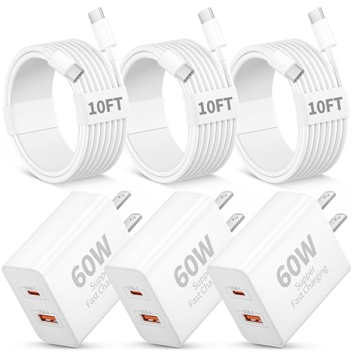 iPhone 17 16 15 Pro Max Charger Fast Charging 3 Pack 60W Dual Port USB C Wall Charger Block with 10FT Long Type C Charging Cable Cord for iPhone 17/17 Pro Max/17e/16/15/Pro/Plus iPad Pro 13/12.9/11