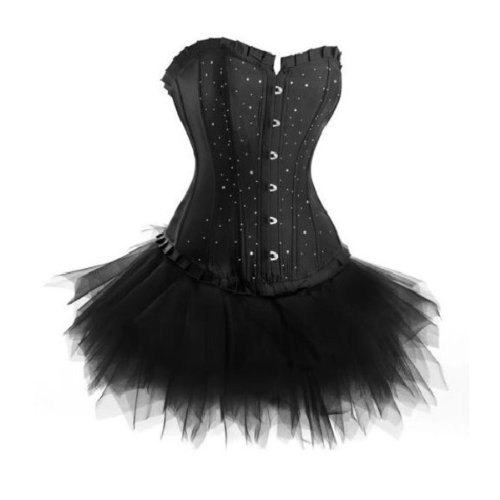 Satin Corsage Strass Korsett Glitzer Dessous und Tutu-Rock aus Tüll (EUR(36-38) L,Schwarz)