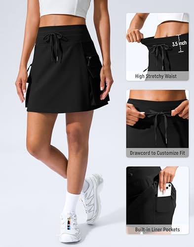 SANTINY 16" Cargo Skort with 6 Pockets Drawstring High Waisted Golf Travel Hiking Skorts for Women Dressy Casual Summer4