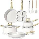 GiPP 17PCS Pot and Pan Set Non-Toxic with Granite Non-Stick Coating- 17 Pieces Frying Pan Cookware Set,Saucepan Cooking Pans & Pots Set,PFOS/PFOA/PFAS Free,for All Hob Types(White,17PCS)
