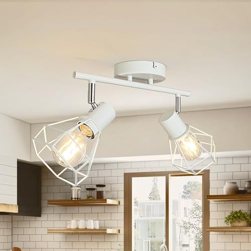 HiBay 2-Light Track Lighting White, Rotatable LED Ceiling Track Spot Light, Metal Cage Farmhouse Wall Spotlight Fixture Indoor for Kitchen, Bedside, E26 Base (Bulb Not Included)
