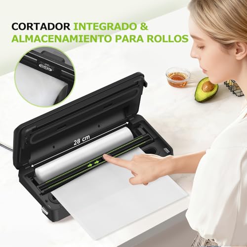 Miniatura 5 de Bonsenkitchen Envasadora Al Vacio Con Cortador Incorporado Y Función De Almacenamiento De Bolsas, Apta Para Cocción Al Vacío Y Comidas Preparadas, Incluye 1 Rollo Y 5 Bolsas Precortadas, Negro