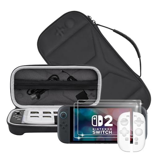 Carrying Case for Nintendo/NS Switch 2 for (2025) Storage Case Cover,Black Hard Shell Portable Handbag with 2 Pack Tempered Films and a Transparent Silicone Handle 3 in 1