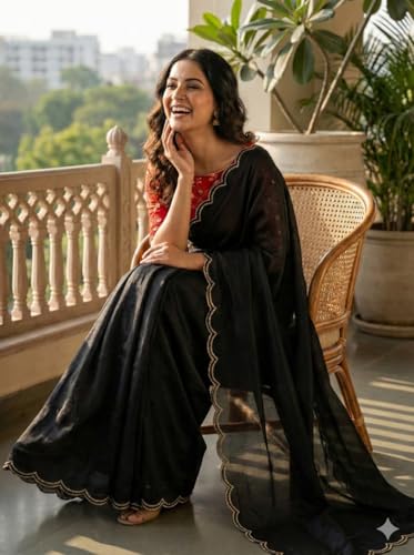 Image of Chinon Silk Saree with Embroidered Blouse, Traditional Georgette Saree, Elephant Embroidery Pattern, V-Neck Design, Free Size, Festival Wear