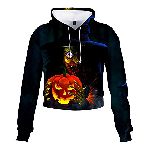 Evansamp Hoodies for Teens, Women Halloween 3D Print Long Sleeve Midriff Hoodies High Waist Sweatshirt(Black1,XL)