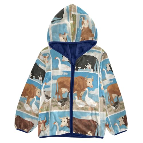 Farm Animals and Birds Pattern Toddler Fleece Jacket Girl Boys Hooded Fleece Jacket Coat Warm Outwear Zip-up 3-10T