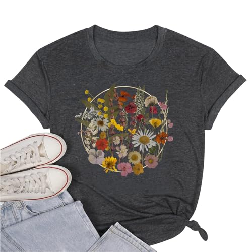 Camiseta Mujer Flores Boho Naturaleza Estampado Gráfico Camisetas Tops Jardín Flores Botánicas Amantes Camisetas Top de Seda con Encaje, gris oscuro, XL