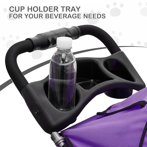 Image of MoNiBloom 3 Wheels Pet Dog Cat Stroller for Small Medium Dogs Cats, Lightweight Foldable Jogger Stroller w /Storage Basket and Cup Holder, Purple