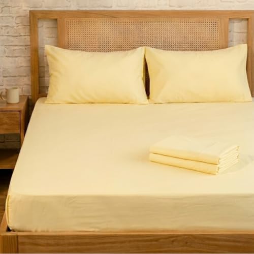 Image of Loom Butter Yellow Fitted Percale Temperature Regulating Bedsheet Set - 100% Cotton, Soft Bedsheet 106x106 in + Pillow Covers 18x27 in, Lightweight Bed Linen for All Seasons
