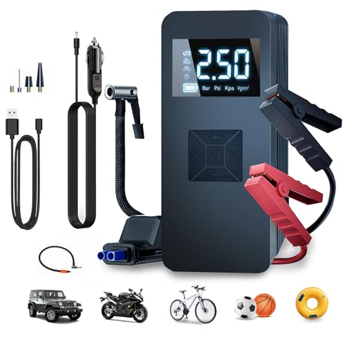 Jump Starter with Air Compressor,14.8V 8000A Peak Portable Car Battery Jump Starter Jump Box,150PSI Car Air Pump Tire Inflator Battery Charger with LED Light, LCD Display,Black