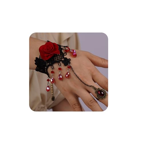 Kercisbeauty Flamenco Dance Red Rose Crystal Tassel Wristband Black Lace Bracelet for Women Gothic Vampire Hand Chain Jewelry (Style 3)