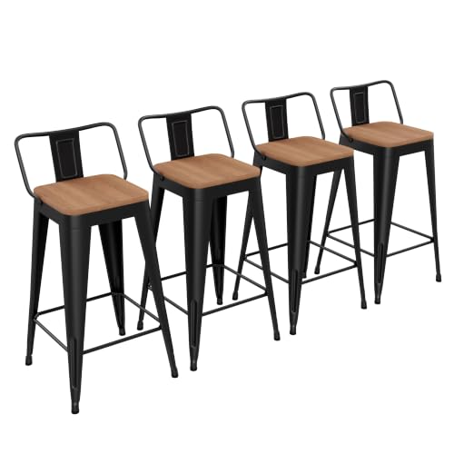 Image of Yongchuang 24 inch Metal Barstools Set of 4 Counter Bar Stools with Wood Top Low Back Matte Black | kitchen Stools Black Low Back Bar Stools with Wood Seat Modern Farmhouse Counter Stools Island Chairs 330LBS Weight Capacity