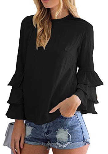YMING Womens Chiffon Blouse Layered Bell Sleeve Ruffle Loose Top Wear to Work Shirt Black 2XL