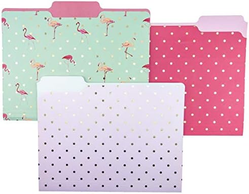 Graphique Flamingo Pink File Folder Set – File Set Includes 9 Folders and 3 Unique Flamingo and Polka Dot Designs, Embellished w/ Gold Foil on Durable Triple-Scored Coated Cardstock, 11.75" x 9.5"