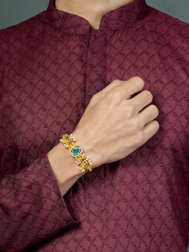Image of Sukkhi Rakhi Excellent Kundan & Pearls Designer Gold Plated Premium Rakhi for Brother with Roli Chawal & Greeting Card|Rakhi for Brother /Bhaiya /Bhai /Men|Kundan Rakhi|Rakhi Combo-Set of 2