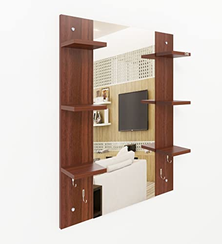 Image of MAMTA Decoration Engineered Wood Wall Mount Dressing Table Mirror with Shelves Storage for Living Room Bedroom (Classic Walnut Finish)