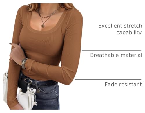 Image of Ekouaer Womens Long Sleeve Shirts Square Neck Slim Fit Basic Tops Ribbed Thermal Undershirts Layering Tee