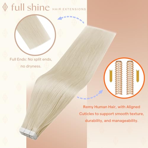 Image of Full Shine Tape in Hair Extensions, Platinum Blonde 22 Inch | 50g 20PCS, Seamless Double Sided Human Hair Tape in Extensions, Full Ends Natural Volume Soft Texture for Wedding Guest Look