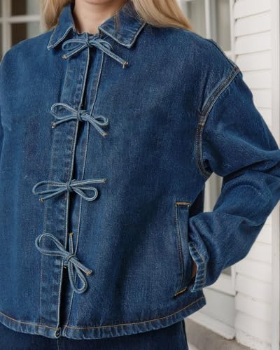 Kedera Womens Jean Jacket Tie Front Long Sleeve Denim Shacket Lapel Collar Tops Fall Winter Fashion Trendy Coat Blazer4