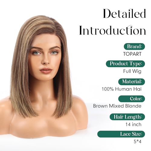 Image of Brown Mixed Blonde Wig Human Hair Pre Plucked Straight Short Bob Wigs 5x6 UHD Lace Front Wigs Remy Real Human Hair for Women 14Inch