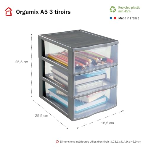SUNDIS Orgamix, schubladenbox aus Kunststoff, 3 transparente Schubladen im Format A5, Höhe 25,5 cm, stapelbar, ideal zur Aufbewahrung von Kosmetika, Schmuck, Accessoires, Vorräten