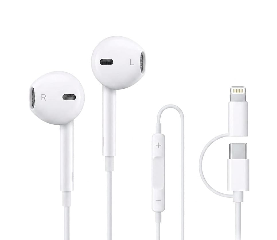 Image of 2-in-1 Wired Earphone with Mic, Type C & Lightning Connector Stereo Earbuds, HD Sound Handsfree with in-Line Control, White