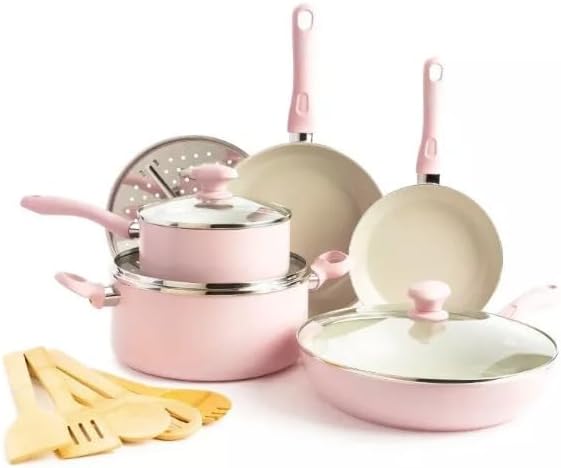 Diamond Infused 14-piece Pink Cookware Set, Recycled Aluminum, Nonstick, Bakelite Handles, Oven Safe, Eco-Friendly, Nonstick Coating, Nonstick Pan, PFAS & PFOA Free, Kitchen, Cookware Sets