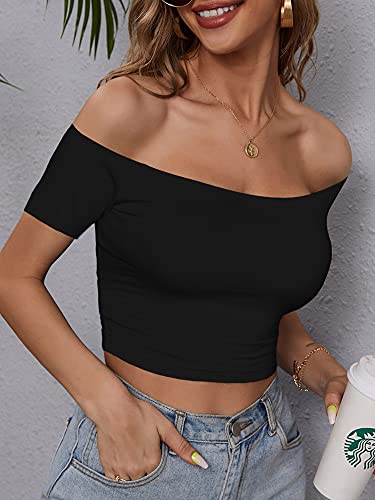 HUHOT Womens Basic Short Sleeve Vogue Fitted Off The Shoulder Cute Crop Tops 2025