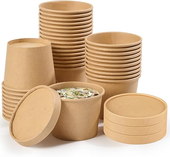 Image of [500 ml, 25 Count, Brown Disposable Kraft Paper Container with Lid | Eco-Friendly Bowl /Tub for Picnic, Travel, Food Truck | Ideal for Both Hot & Cold Food