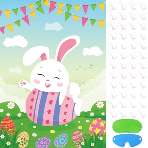 Atiloy Pin the Tail on the Bunny Game Easter Party Games Large Easter Bunny Party Games Poster with 48 Tail Stickers for Holiday Party Decoration Birthday Party Decoration Carnival