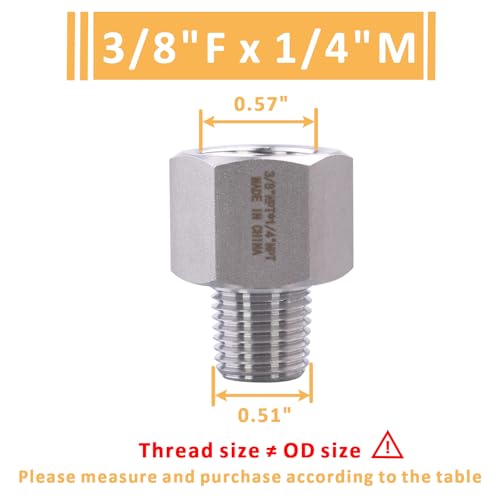Image of Forged Reducer Adapter Fitting - Stainless Steel 304 Reducing Pipe Connector, 3 /8 inch NPT Female x 1 /4 inch NPT Male (pack of 2)