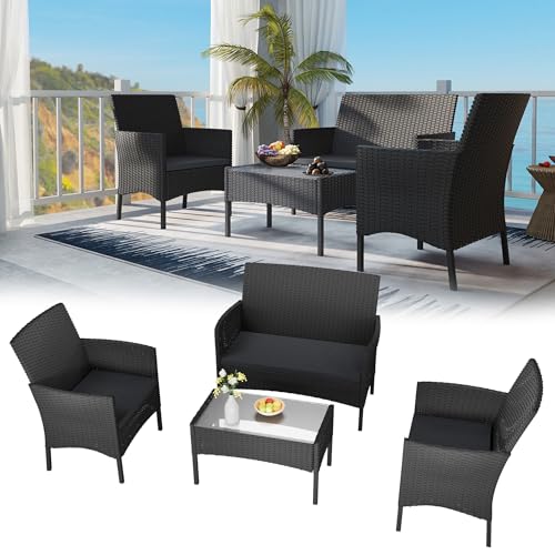 TATIVALO 4-teilig Gartenmöbel Set, PE-Polyrattan Lounge Möbel mit 2-Sitzer Sofa, 2 Sesseln & Glastisch, Wetterfest & Pflegeleicht, Sitzgruppe für Balkon, Terrasse, Poolbereich, Anthrazit