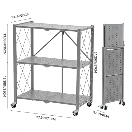 Image of BRIAN & DANY 3-Tier Foldable Storage Shelves with Wheels, No Assembly Folding Shelf Metal Rack, Shelving Unit for Kitchen, Garage, Gray