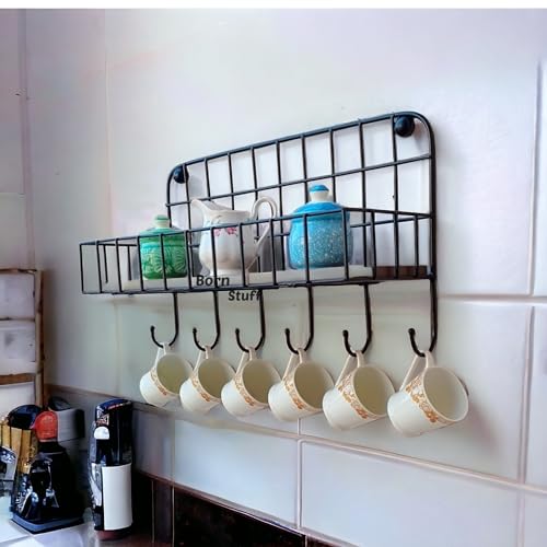 Image of Wood Karigari Floating Wall Shelf for Bedroom, Living Room, Bathroom, Kitchen, Office Storage Wall Mount Shelf with 6 Hooks (MDF Metal Black Powder Coated
