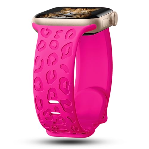 CreateGreat Engraved Bands Compatible with Apple Watch Band 41mm 40mm 38mm Leopard Carve Pattern Soft Silicone Strap Compatible with iWatch Series 8 7 6 5 4 3 2 1 SE Women Men Leopard-Hot Pink