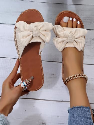 Oyoangle Women'S Bow Knot Pu Leather Open Toe Flat Sandals Summer Slip On Slide Sandal Beige Cn37 thumb #1
