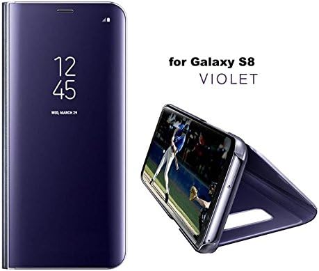 For Samsung S8, Holder Phone Case Electroplate Clear Smart Kickstand Mirror View Flip Cover Sleep Wake (Purple)