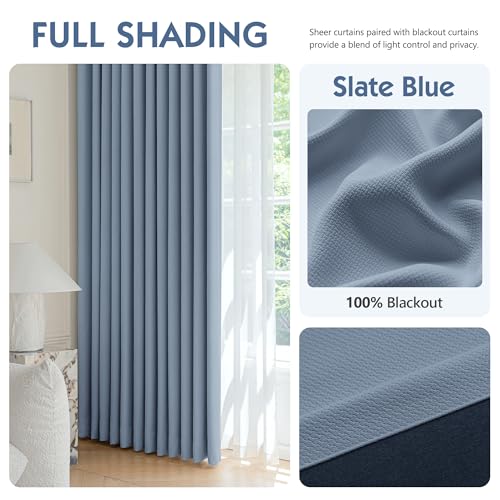 Image of FMFUNCTEX 100% Blackout Curtains for Bedroom, Slate Blue Curtain 108 Inches Long Drapery Thermal Insulated Curtains for Living Room, Black Out Drapes Rod Pocket Room Darkening 2 Panels