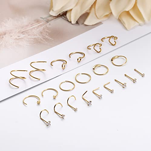 Besteel 21Pcs 22G Nose Rings Hoops 20G Surgical Steel Nose Studs Nostril Nose Piercings Jewelry for Women Men Heart Double Nose Ring Hoop for Single Piercing 1.5mm 2mm 2.5mm CZ gold