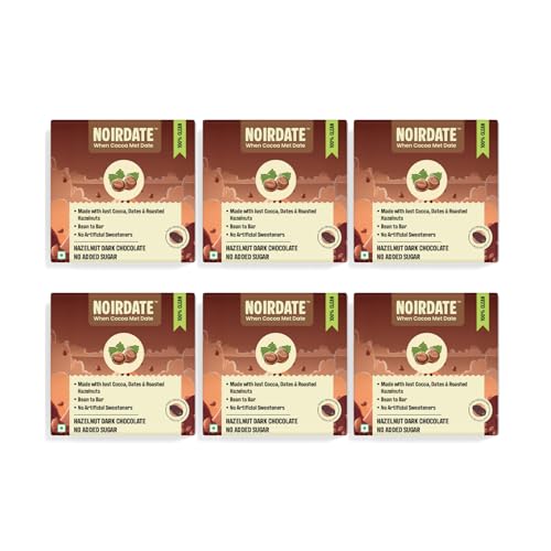 Image of NoirDate Hazelnut Dark Chocolate - 15g, Bean to Bar, Sweetened with Dates, Refined Sugar Free, Clean Label, Healthy, Vegan, Gluten-Free, Guilt-Free Indulgence (Pack of 6)