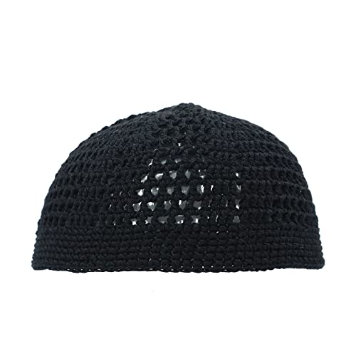 TheKufi® Black Tight & Loose Weave Mix Crocheted Comfortable Cotton Muslim Kufi Topi Skull Prayer Cap (M = 22.5