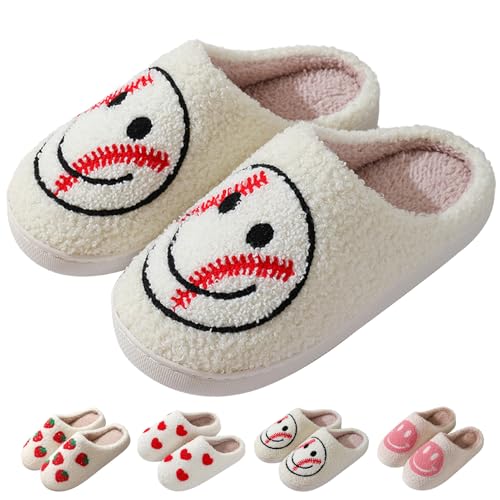 Heart/Happy Face Slippers for Women,Cute Indoor Memory Foam Slip,White Curly Soft Plush,Warm Winter Gift,Prime membership low prices