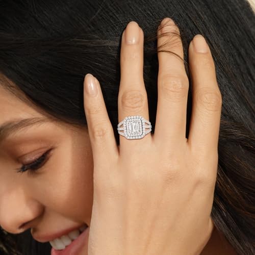 Jewelili Fine Silver Plate Octagonal & Round-cut Cubic Zirconia Halo Engagement Ring Wedding Fashion Jewelry for Women3